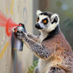 a portrait of a lemur holding a can of spray paint and spraying design on a wall, digital painting masterpiece, painted by joji morikawa, by osamu tezuka, by yukito kishiro, by ikuto yamashita, 4 k wallpaper, beautiful, gorgeous