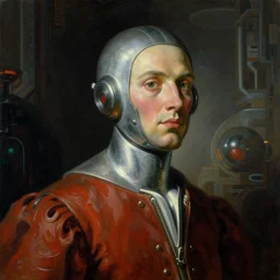 a baroque portrait of a retrofuturistic assassin head and shoulders, surrounded by advanced architecture. portrait painting. highly detailed science fiction painting by norman rockwell, frank frazetta, and syd mead. rich colors, high contrast, gloomy atmosphere, dark background. trending on artstation