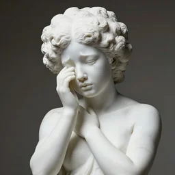 a photorealistic all white marble sculpture of a black girl in a afro crying