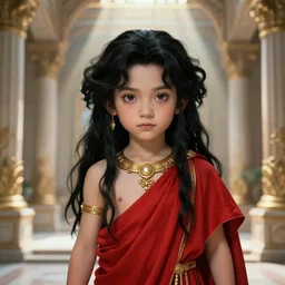 portrait, cute young zagreus, chtonic god, red greek robe, long black hair, ancient greek palace, very detailed, ornate, gold jewelry, character illustration, crepuscular rays, soft lighting, octane render, greg rutkowski, alphonse mucha, sung choi, 8 k, vibrant