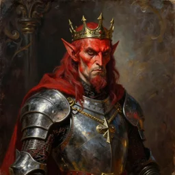 A red demon mage. He is wearing mage armor and a crown. He is frowning seriously. Award winning oil painting by Thomas Cole and Wayne Barlowe
