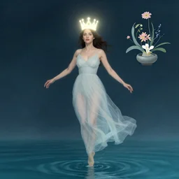 a woman levitating above water, with a glowing crown above her head and an ikebana flower arrangement illustration by chiara bautista, milk, logyu, ilka