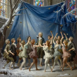 polovstian dances and chorus, tiny faeries, butterflies, dry trees, winter blue drapery, very light snow, hanging tarp, sunlight from a stainedglass window, icicles, stoic, light dust, magnificent, hyperdetailed, theatrical, close up, masterpiece, painted by jean honore fragonard and greg rutkowski