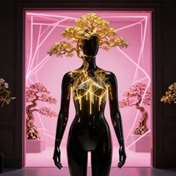 beautiful mannequin sculpted out of black glass by billelis + lit with geometric neon dripping gold + wearing a crown of bonsai trees made of gold, doorway opening with neon pink geometric fractal light + flowering bonsai trees, transcendent, clean linework, dramatic, finely detailed, 4 k, trending on artstation, award winning, photorealistic, volumetric lighting, octane render