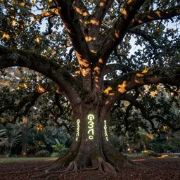 very old huge oak tree with fluorescent glowing sigils on bark, glowing metallic leaves