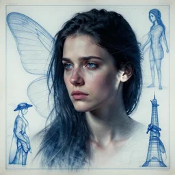 blueprint of a beautiful highly detailed lady fly, emotional, cinematic moody colors, realistic shaded lighting poster by ilya kuvshinov, magali villeneuve, artgerm, jeremy lipkin and michael garmash and rob rey,