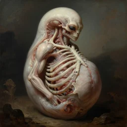 anatomical painting of ribbed alien embryo, covered with white meat, dream - like heavy mysterious atmosphere, in the wastelands, baroque portrait painting, perfect composition, beautiful detailed intricate insanely detailed octane render, unreal engine 5, trending on artstation, 8 k artistic photography, photorealistic, soft natural volumetric cinematic perfect light, chiaroscuro, award - winning photograph, masterpiece, raphael, caravaggio, beksinski, giger