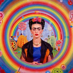 land of lollipops and rainbows, through the lens of a kaleidoscope, in the styles of frida kahlo and yayoi kusama