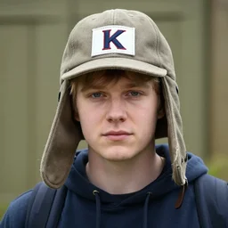 portrait photo still of real life kyle broflovski wearing his trapper hat, 8 k, 8 5 mm, f. 1 4