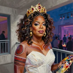 palette knife oil painting portrait of oprah, a queen - with gold tiara with rubies and diamonds, woman in white dress and australian aboriginal body paint, concrete balcony, nightclub, artstation trending, artgerm, any racial background, deviant art, hipster, octane, substance, art history 8 k