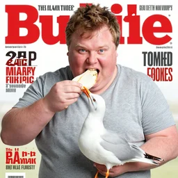 magazine cover of fat british man eating a seagull