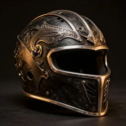black tiger metal helmet, dark background, detailed ornament metal, realistic, studio lighting, warm light, shining metal, closeup photography