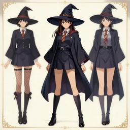 character model sheet of female student witch by greg rutkowski, magic school uniform academia, by studio ghibli and ross tran, digital art, trending on artstation, highly detailed, illustration, concept art, elegant, beautiful, masterpiece