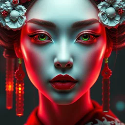 portrait of beautiful japan cyberpunk geisha, extremely beautiful and proportionate face, masterpiece, intricate, mysterious and lucid, glowing gamboge color, topaz colors, red and green colors, by artgerm, nick silva, ja mong and naoto hattori, digital, photorealism, skin reflections, neon cyberpunk vibrant colors, volumetric lighting,