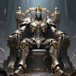 Highly detailed digital painting of robotic/mechanical king on robotic futuristic throne Trending on Artstation HQ, sci-fi, futuristic, cyberpunk, 4K, UHD, High quality