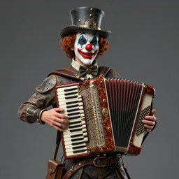 a peculiar man with an accordion instead of a neck, clown face, steampunk, 4K Unreal Engine render