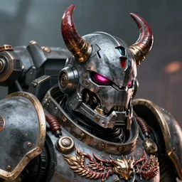 hyper realistic portrait of heroic warhammer 4 0 k android head, cinematic, chaos marine, khorne tzeentch nurgle slaanesh, artstation, cgsociety, full head and shoulders, greg rutkowski, james gurney, mignola, craig mullins, brom, redshift