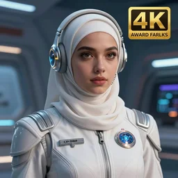 A young woman wearing a hijab as a starship captain, digital sci-fi art, high quality, 4k, award winning, trending on ArtStation