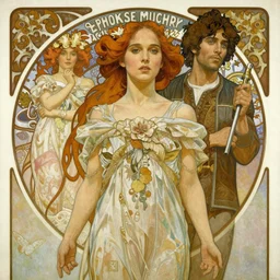 a beautiful painting of natalie portman by Alphonse Mucha and by joe quesada, Art Nouveau, Neo-Gothic, gothic, award winning painting, hyperdetailed, detailed