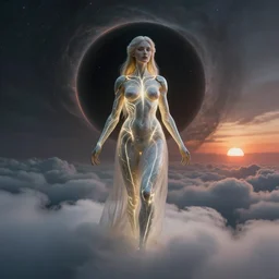 biblical beautiful female druid android, bright glowing veins, in clouds, in front of a black hole, sunset, studio light, by mikhail vrubel, by gerald brom, by peter elson, muted colors, extreme detail, reflections, trending on artstation, 8 k