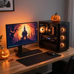 halloween themed gaming desktop setup led lights high budget orange and black style server room pc tuning