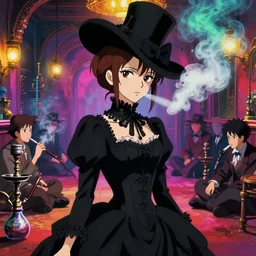 film still of a woman wearing a long black victorian dress corset hat, brown hair, in a victorian opium den, bright colorful smoke, hookah smoking people sat on floor, psychedelic vibe, sharp closeup finely detailed face features, yandere grimdark, pixiv, by makoto shinkai, takashi takeuchi, studio ghibli, akihiko yoshida,