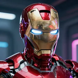 Cyberpunk Iron man, close up shot, neon, cyborg, futuristic, photorealistic, 8K, reflection on helmet,