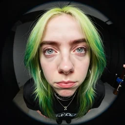 fish eye camera photo of billie Eilish doing a funny face, extreme extreme close-up
