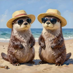 impressionistic painting of two otters wearing sunglasses and sun hats on the beach in the style of  Francisco Goya and Frans Snyders