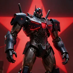 movie still frame, giant armored robot with black armor linee with red leds in epic pose, a blood red star in the background, beautiful composition, 8 k, cgi, by ridley scott, zack snyder and michael bay
