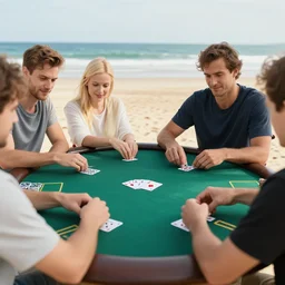 4 humans playing poker. drawing on the sand. seaside.