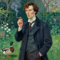 sherlock holmes posing for a portrait, garden, duck, smoking cigar, by henri matisse