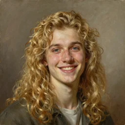 Painting of Mark Strong with long fluffy curly blond hair. beautiful long golden blonde hair. Young. Smiling. Happy. Cheerful. Art by william adolphe bouguereau. Very very very very very very very very very very very very much detailed. Beautiful. 4K. Award winning.