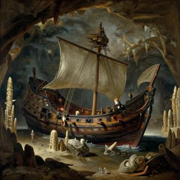 a broken galleon in a huge cave with stalagmites and stalagtites. Matte anointing in the style of Marc simonetti and Christophe vacher and Hubert Robert, detailed, complementary colors trending on artstation.