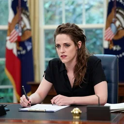 united states president, kristen stewart, photographed at her desk in the oval office. professional photography