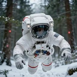 close - up portrait of space astronaut with spacesuit flying in weightlessness inside massive green pines snowy forest. small foggy and red gloomy lights, bokeh background, highly detailed science fiction illustration by jeremy geddes. photorealistic, movie still