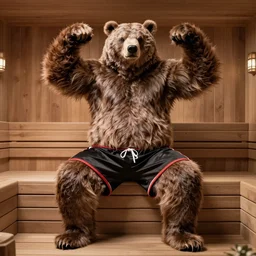 Full body photography of a bear-headed strongman wearing athletic shorts with thick fur on his arms and thick fur on his legs and thick fur on his chest and thick fur on his belly in a flexing position in a sauna