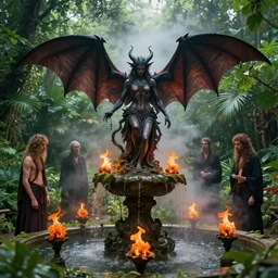 a feather demon worshipping a satanic altar atop a fountain in a lush dense verdant garden by tim doyle and victo ngai and dan mumford and james gilleard, bat wings, mist, hyperrealism, volumetric lighting, god rays, highly detailed, sfumato, orange fire flowers, overgrown