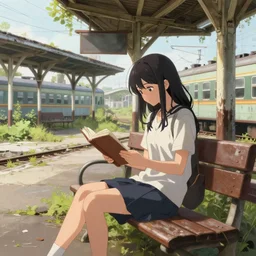a beautiful girl sitting on a bench reading at an abandoned overgrown train station, old train station, establishing shot, detailed painting. wlop, art by rossdraws, art by ross tran, art by melmadedooks, pixiv, anime film still, anime key art, 4 k hd anime wallpaper