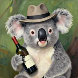 portrait of a koala artist with a hat and holding a wine bottle, drunk, award winning art, cartoon, detailed. by rossdraw and paul gauguin
