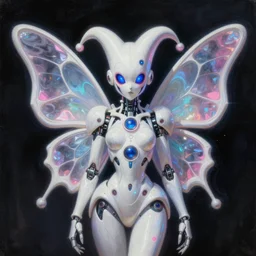 dark whimsical white iridescent organic robot butterfly jester. angular futuristic sci - fi features and eyes. deep blue and pink tones. dark black background. highly detailed science fiction painting by moebius, frank frazetta, and syd mead. rich colors, high contrast. lens flare, y 2 k aesthetic on artstation