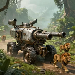 armored machines steampunk, with cannons, rocket launcher, in a jungle valley, foggy, lions walking, octane render, volumetric, unreal engine, depth of field