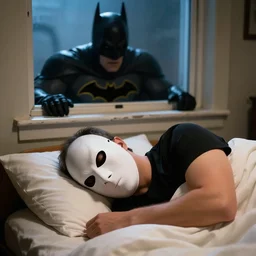 man sleeping in bed with white tentacle mask with batman lurking menacingly in the window