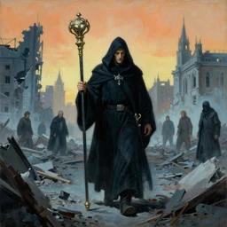 painting of cloaked man holding a ceremonial staff, scene shows a man walking through a destroyed overgrown london city, zdzislaw beksinski, lewis jones, dariusz zawadzki, wayne barlow, warhammer fantasy, cold hue's, warm tone gradient background, concept art, 4 k, ultra - high - definition