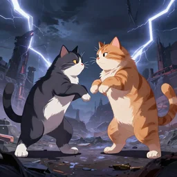 two massive cats fighting in an apocalyptic lightning landscape, fantasy, anime, digital art, post-processing