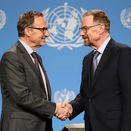 Saul goodman and walter white shaking hands at a WHO conference , perfect faces , 8k UHD , Medium shot , award winning