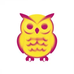 A yellow and magenta minimalist logo of an owl in the y2k style, created by The Designers Republic
