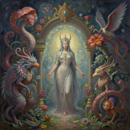 a painting by hanna yata, geenss archenti flores of the spirit of fantastic and impossible shapes and mythical creatures by hanna yata, geenss archenti flores, ben ridgway, elegant, artstation, concept art, ambient occlusion, vray render,