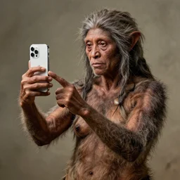 “ a primitive pre human woman Neanderthal ,hairy body, posing for a photo with an iPhone in a trending fashion way, anthropology photography, National Geographic ”