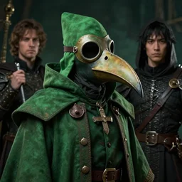 A fancy portrait of a green plague doctor wearing a beak mask by Greg Rutkowski, Dan Mumford, Christophe Vacher, Sung Choi, Bloodborne, 8k photorealistic, volumetric lighting, HD, high details, dramatic, dark atmosphere, trending on artstation